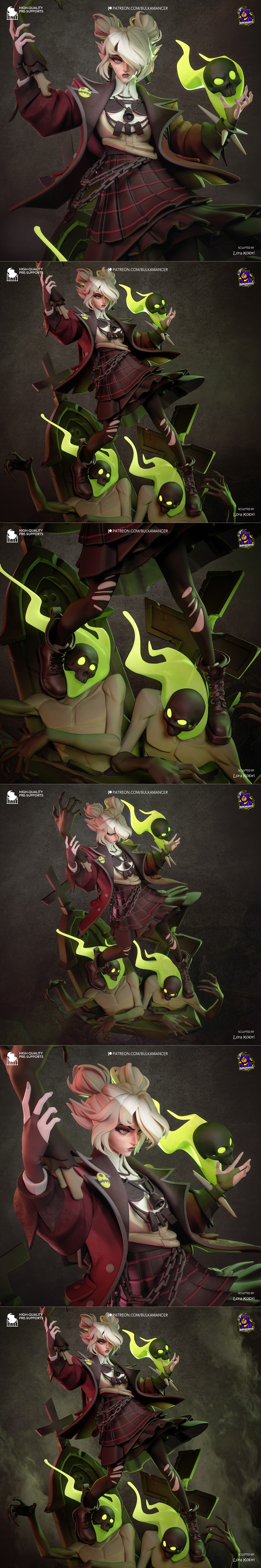 Gothic female character Deadlock from Graves, standing on tombstones with glowing green skulls and zombies, 3D model...