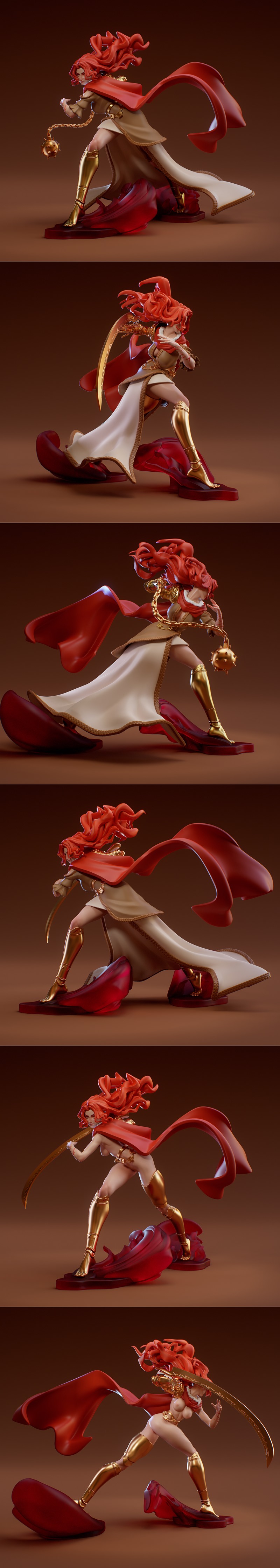Malenia, Blade of Miquella, from Elden Ring, depicted as a 3D printable figure. She has flowing red hair, a red cape,...