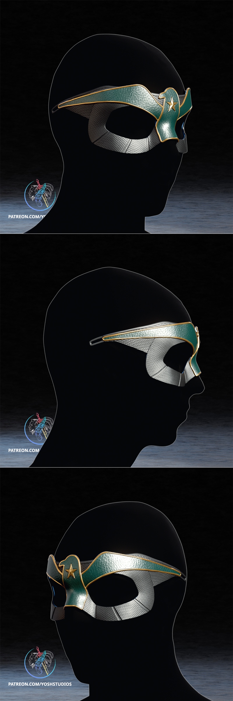 Helmet with green and gold design, featuring an eagle emblem, suitable for cosplay or collectibles.