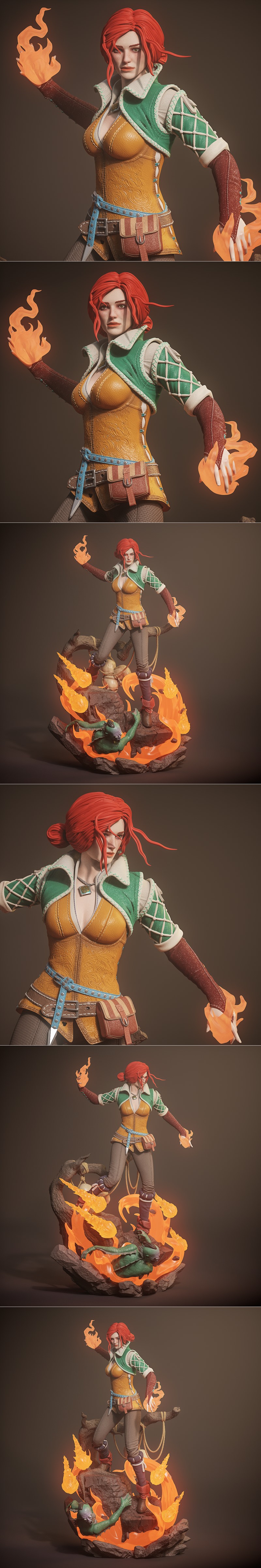 Triss Merigold 1:6 scale sculpture by Yongblood Sculpture, conjuring fire magic with flames erupting around her and a...