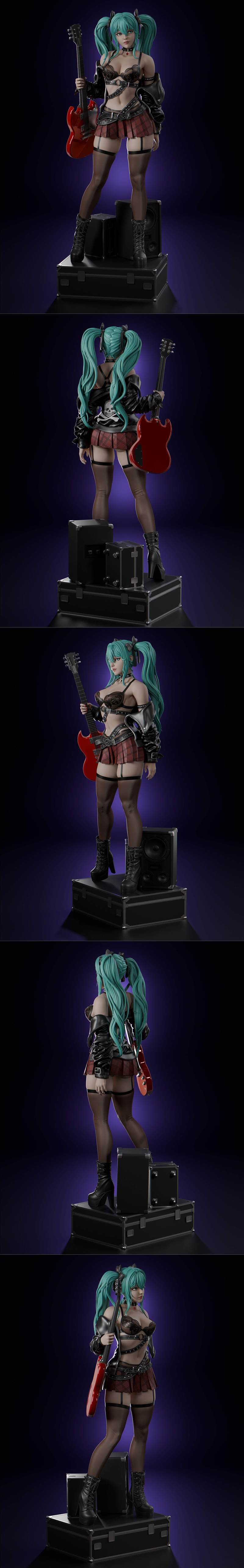 Hatsune Miku figure in rock attire, holding a red electric guitar, wearing a plaid skirt, lace bra, leather jacket, a...