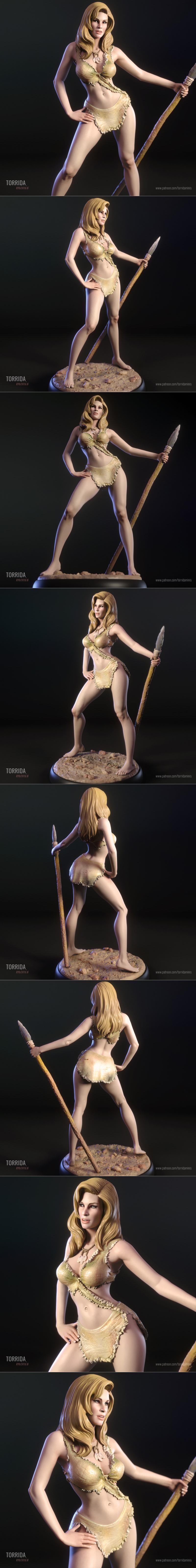 Loana, a cavewoman character, stands holding a spear. She wears a minimal tribal outfit and stands on a rocky base. T...