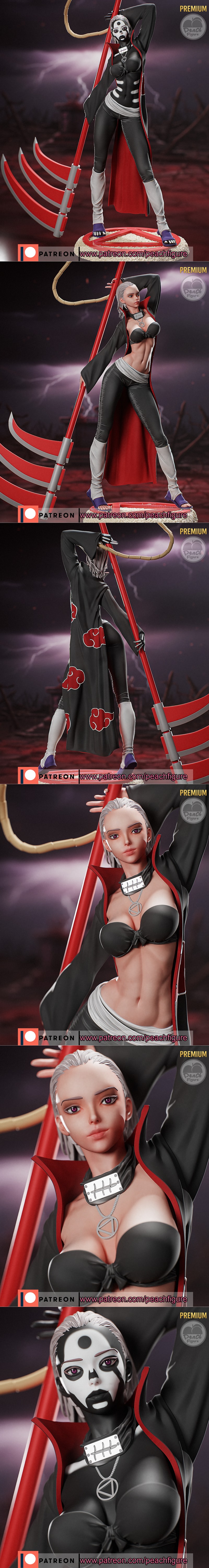 Female Hidan figure from Naruto, wearing an open Akatsuki robe over a black bra and pants, holding a large scythe. Pe...
