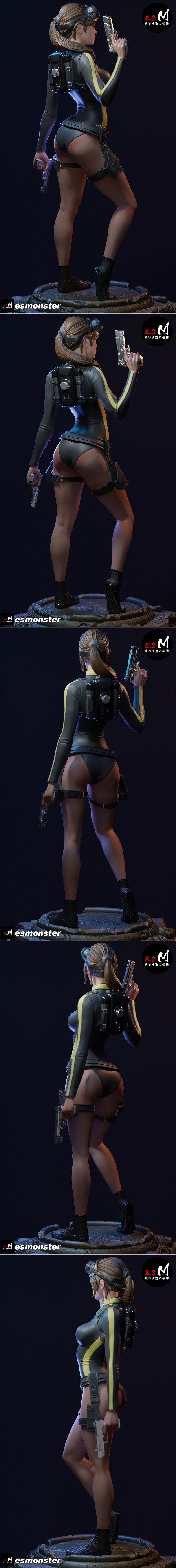 Lara Croft in a black and yellow dive suit, holding a pistol, with scuba goggles on her head. 3D model by E.S Monster.