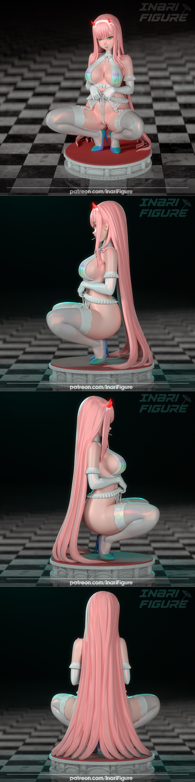 Zero Two from Darling in the Franxx crouching in revealing lingerie, white stockings, and high heels. Pink hair, red...