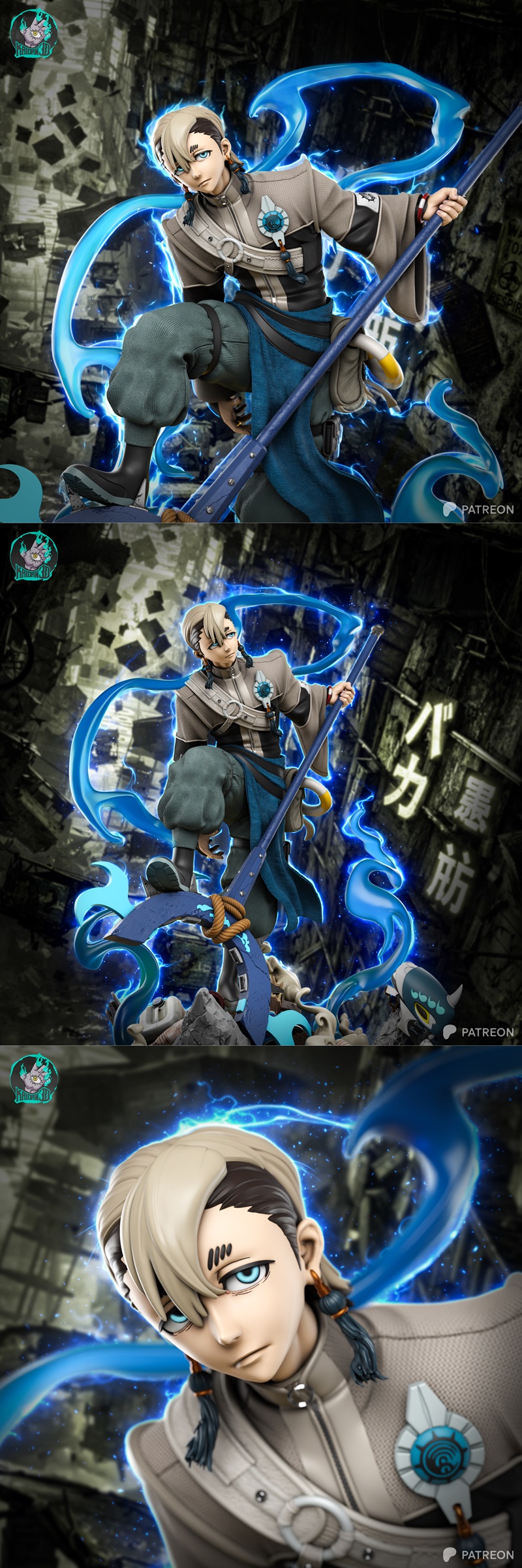 Stylized anime warrior with blonde hair and blue eyes, holding a large staff with blue energy effects, in a dynamic c...