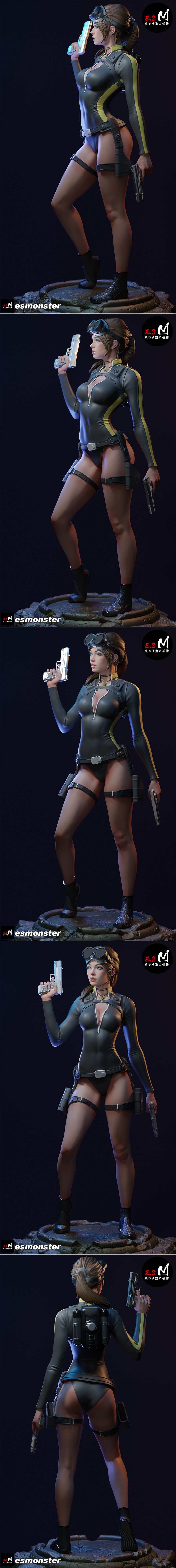Lara Croft in a black and yellow dive suit, holding a pistol, with scuba goggles on her head. 3D model by E.S Monster.