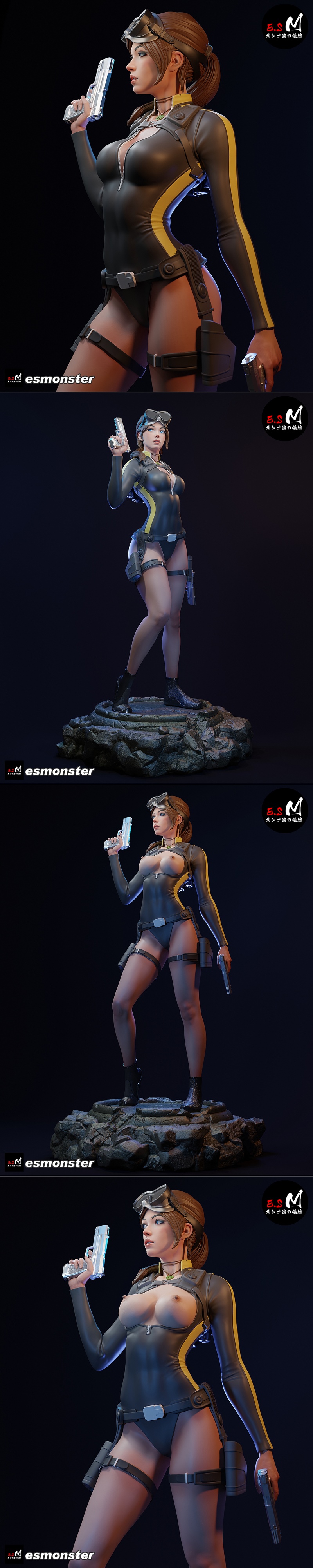 Lara Croft in a black and yellow dive suit, holding a pistol, with scuba goggles on her head. 3D model by E.S Monster.