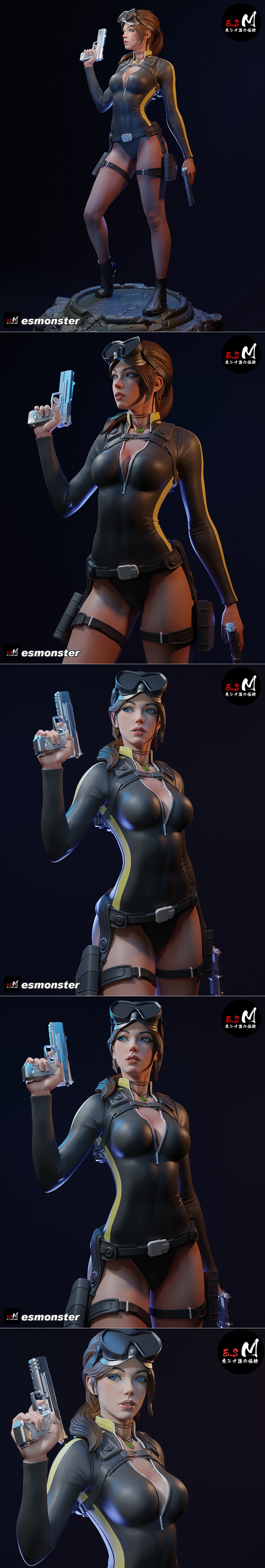 Lara Croft in a black and yellow dive suit, holding a pistol, with scuba goggles on her head. 3D model by E.S Monster.