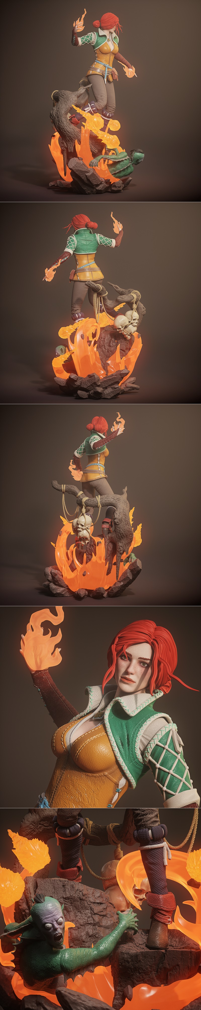 Triss Merigold 1:6 scale sculpture by Yongblood Sculpture, conjuring fire magic with flames erupting around her and a...