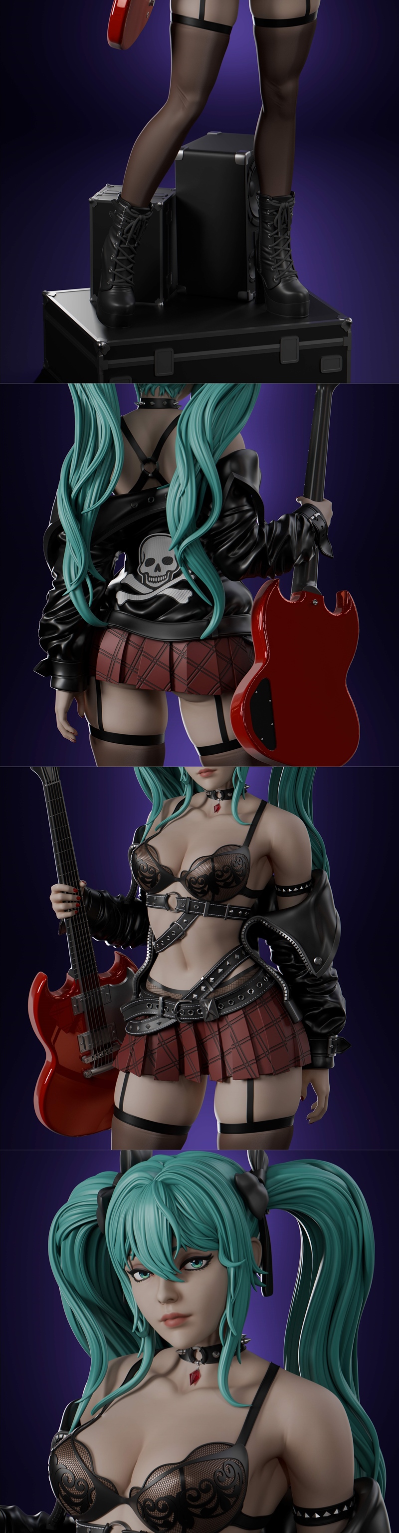 Hatsune Miku figure in rock attire, holding a red electric guitar, wearing a plaid skirt, lace bra, leather jacket, a...