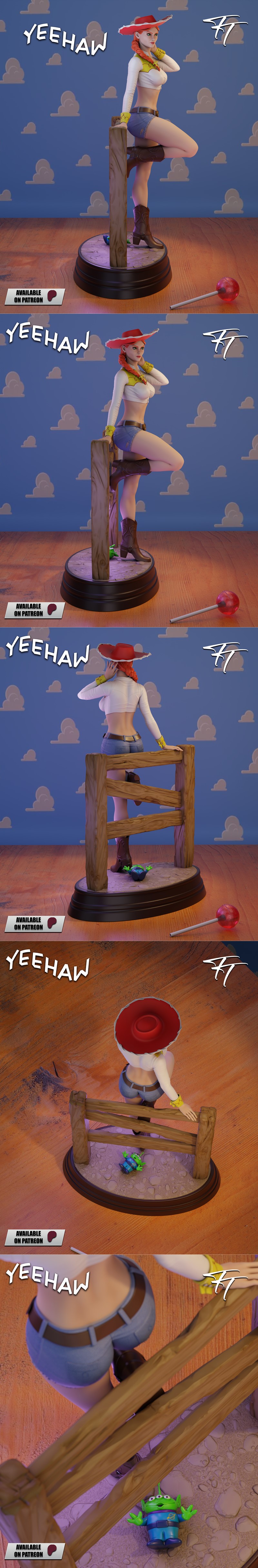 Stylized 3D model of Jessy from Toy Story, wearing a red cowboy hat, white crop top, denim shorts, and boots, leaning...