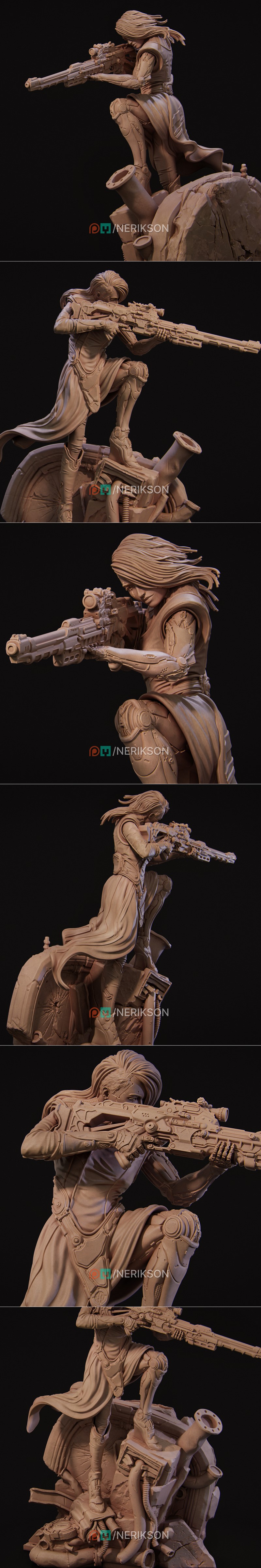 Aryn the Sniper Assassin, a sci-fi character with blue hair, aims a detailed sniper rifle while kneeling on rocky ter...