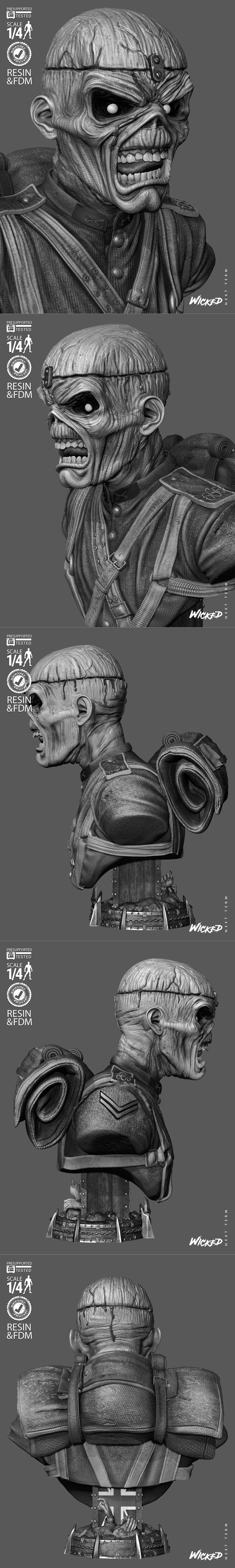 Metallic Iron Maiden bust with an angry expression, chainmail, and polearm.