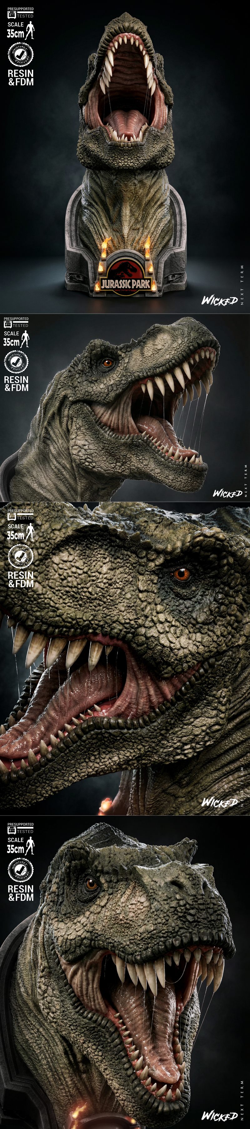 Bust of a T-Rex with mouth open, detailed scales, and sharp teeth, mounted on a base with fossil details and flames....