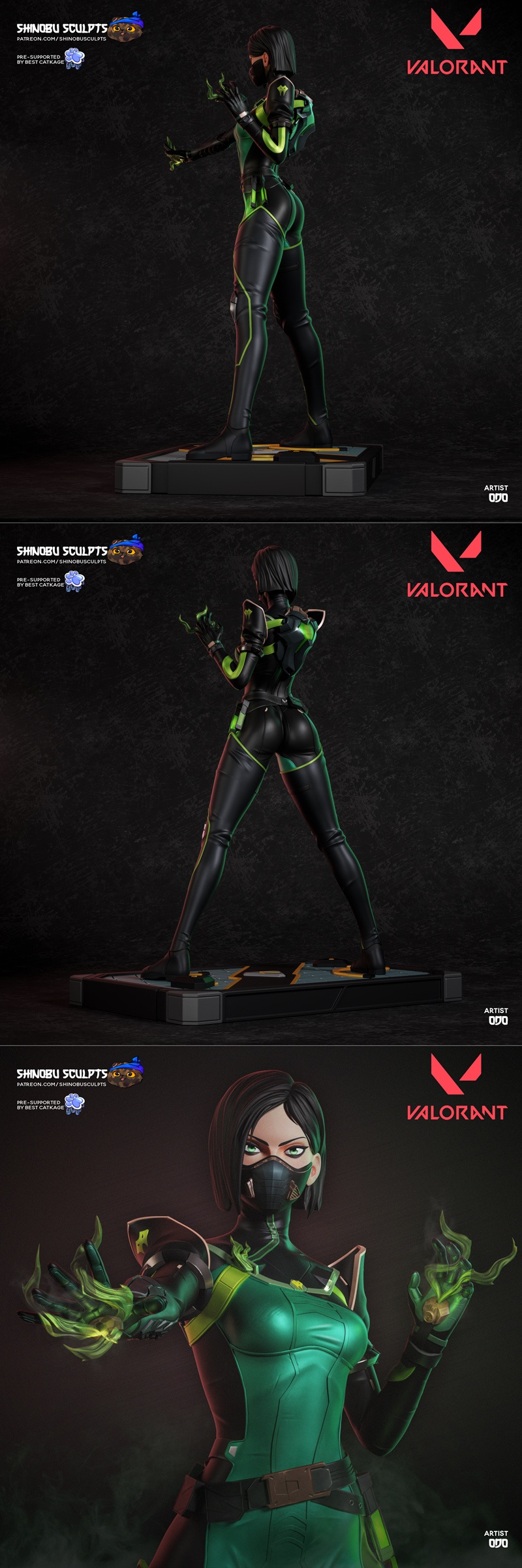 Shinobu Sculpts 3D model of Viper from Valorant, wearing a green and black suit with neon accents, mask, and glowing...