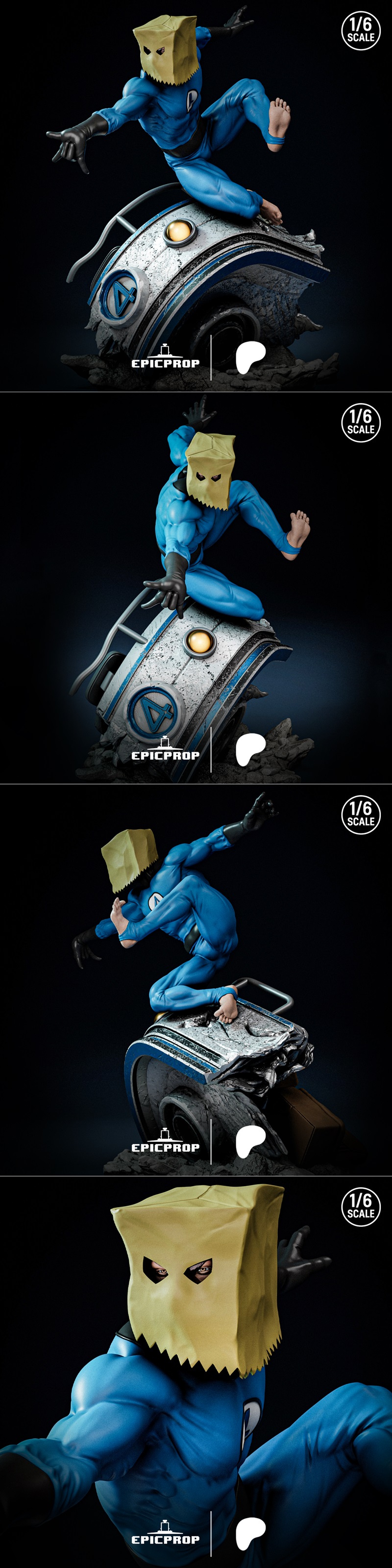 1:6 scale 3D model of Bag-Man in a blue suit and paper bag mask, striking a dynamic pose on a detailed base.