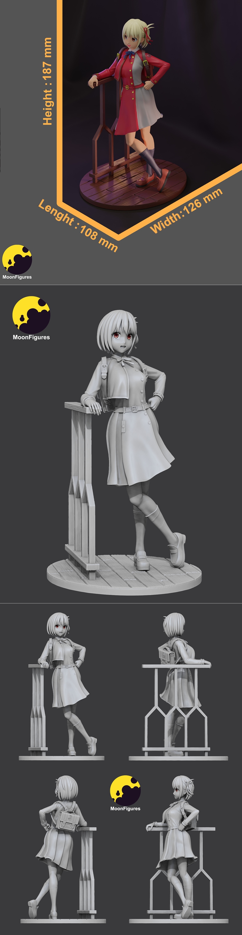 Anime character Chisato Nishikigi in a school uniform, standing confidently with a wooden base.
