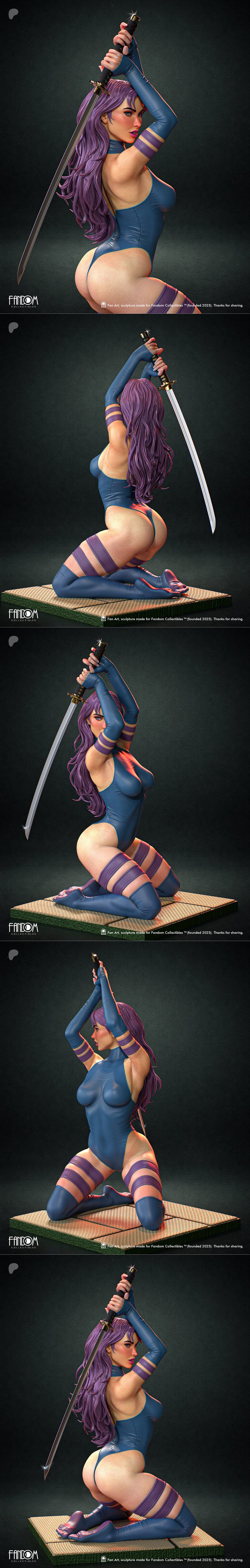 Psylocke kneeling with katana, wearing blue bodysuit and purple thigh-high socks, purple hair, against red sun and Ja...