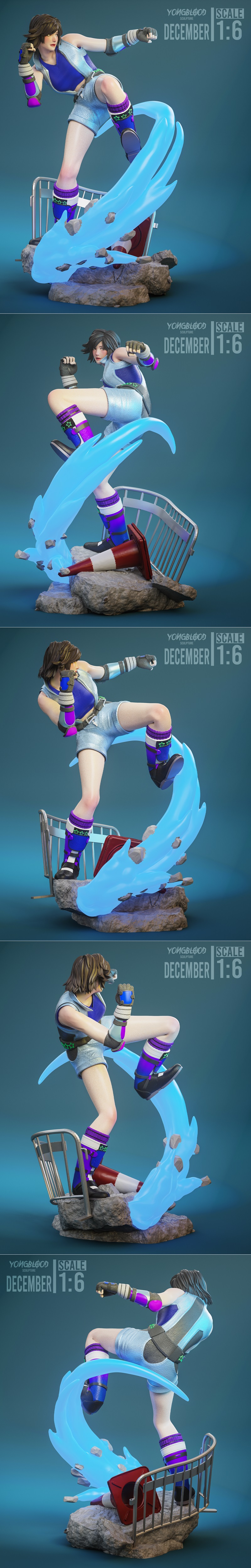 Asuka Kazama 3D model in a dynamic action pose, surrounded by blue energy effects, standing on a base with rubble, fe...