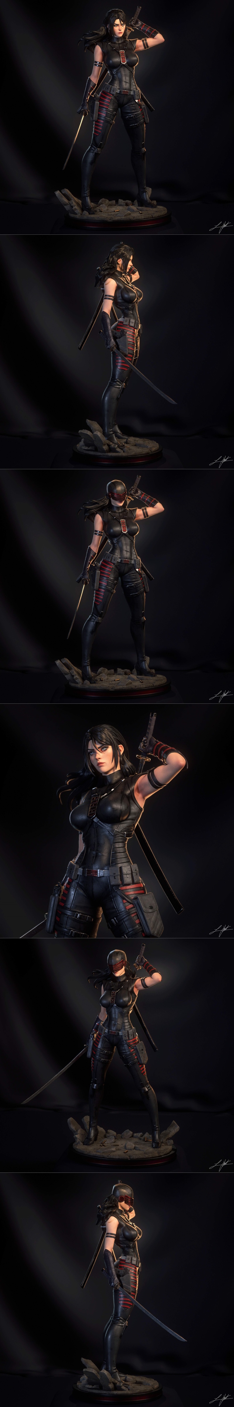 3D printable figure of Snake Eyes II from G.I. Joe, wearing a black tactical suit with red accents, holding a katana,...