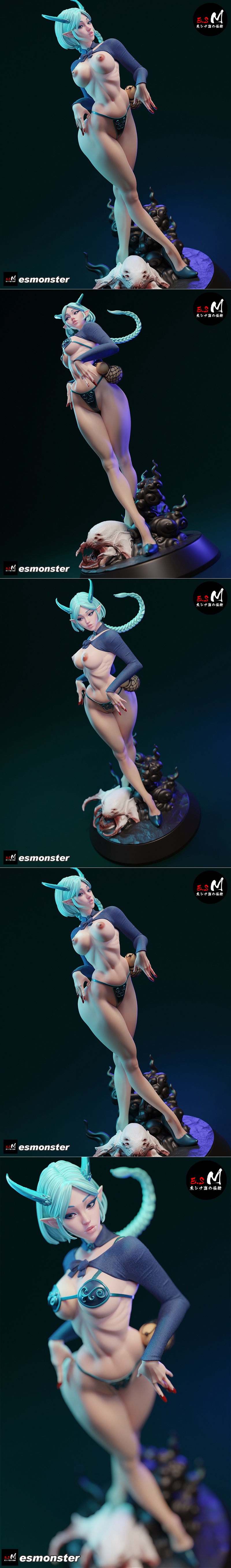 E.S Monster Ao Ling 3D print figure: anime-style demon woman with horns and tail, wearing a revealing bikini, standin...
