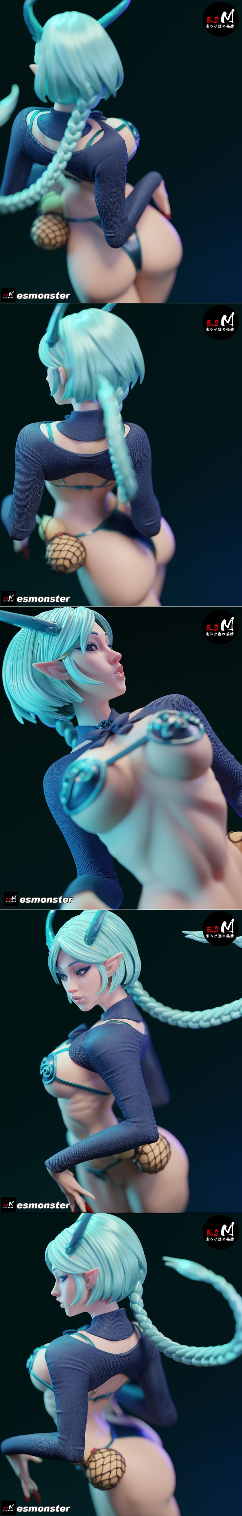 E.S Monster Ao Ling 3D print figure: anime-style demon woman with horns and tail, wearing a revealing bikini, standin...