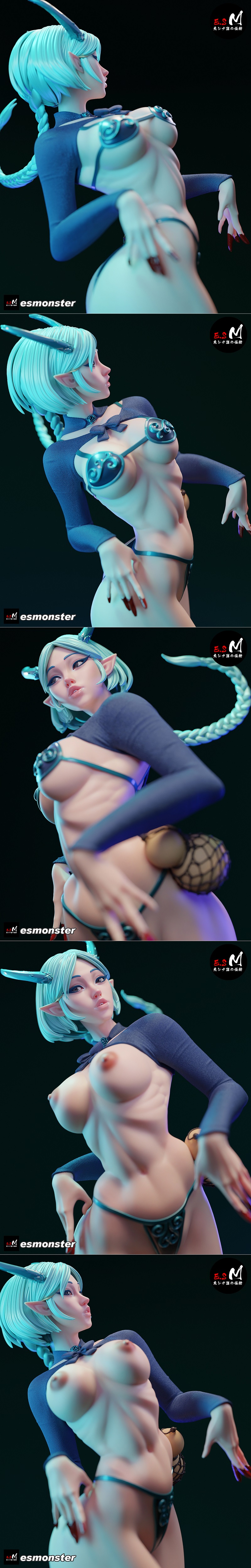 E.S Monster Ao Ling 3D print figure: anime-style demon woman with horns and tail, wearing a revealing bikini, standin...