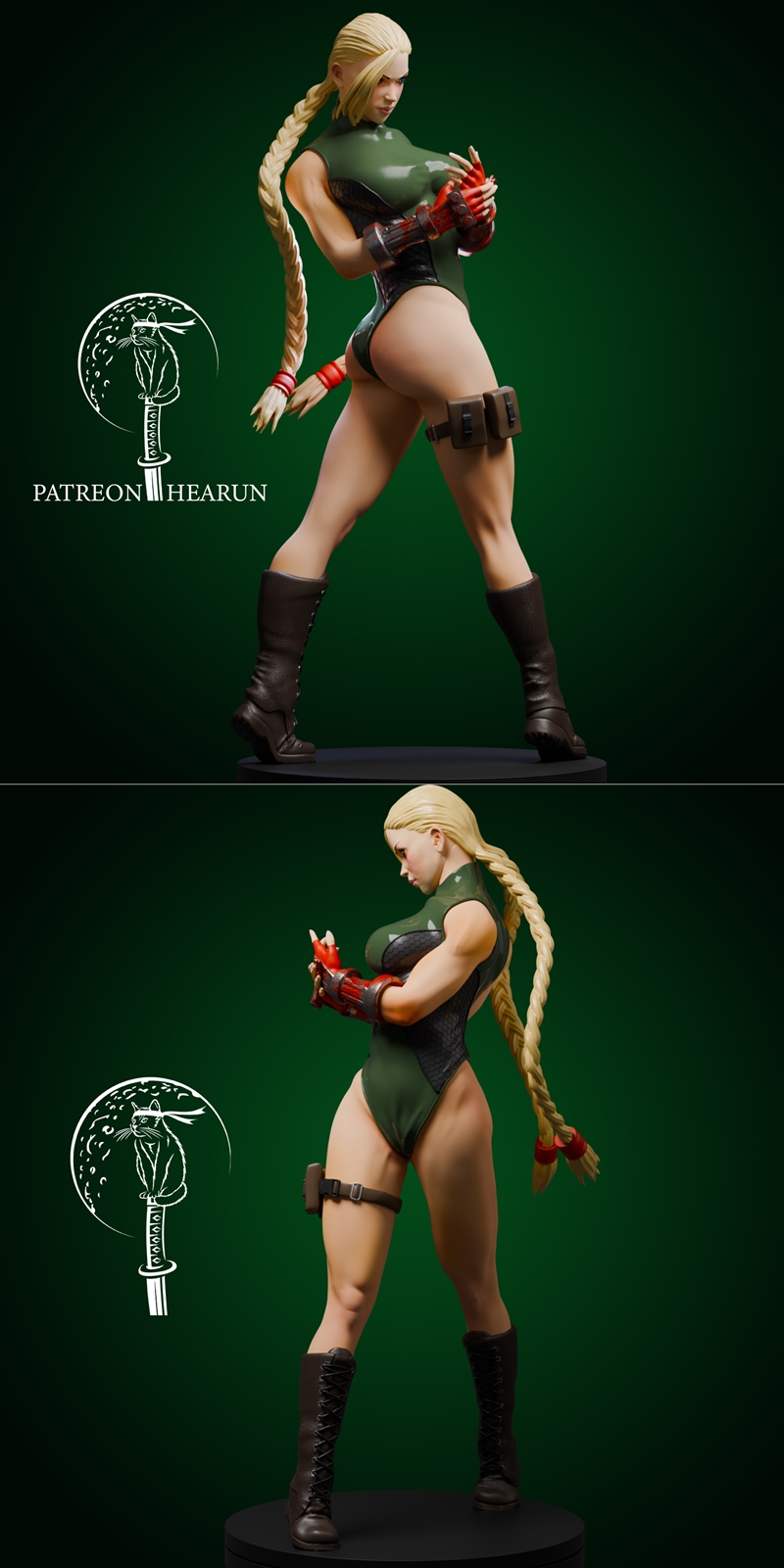 Cammy from Street Fighter, Hearun 3D model, wearing a green and black bodysuit, with a long blonde braid, in a combat...