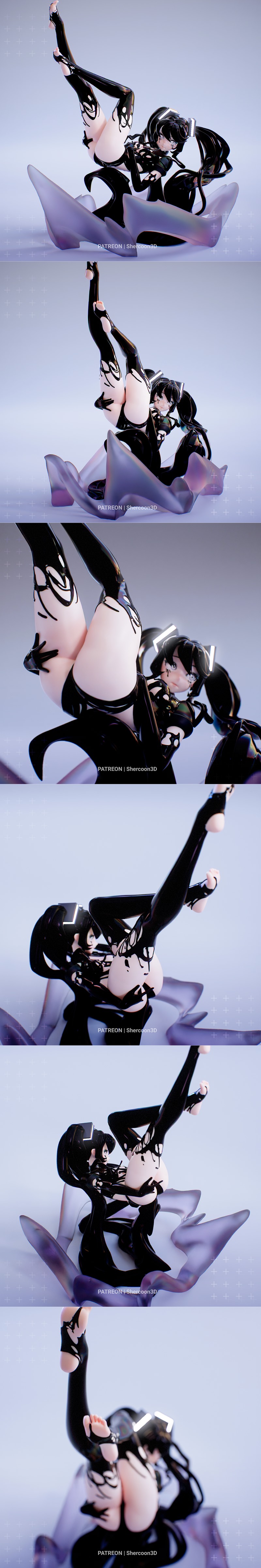 Shercoon3D Venom Miku 3D model figure, posed dynamically with legs in the air, wearing glossy black attire with tenta...