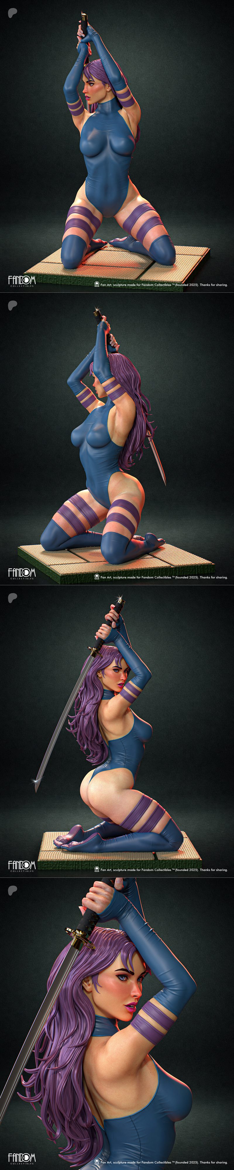 Psylocke kneeling with katana, wearing blue bodysuit and purple thigh-high socks, purple hair, against red sun and Ja...