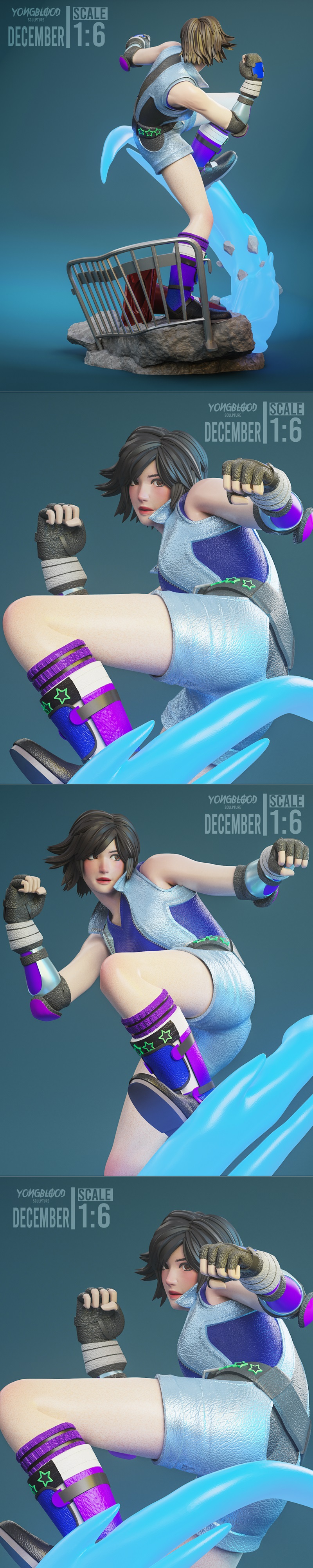 Asuka Kazama 3D model in a dynamic action pose, surrounded by blue energy effects, standing on a base with rubble, fe...