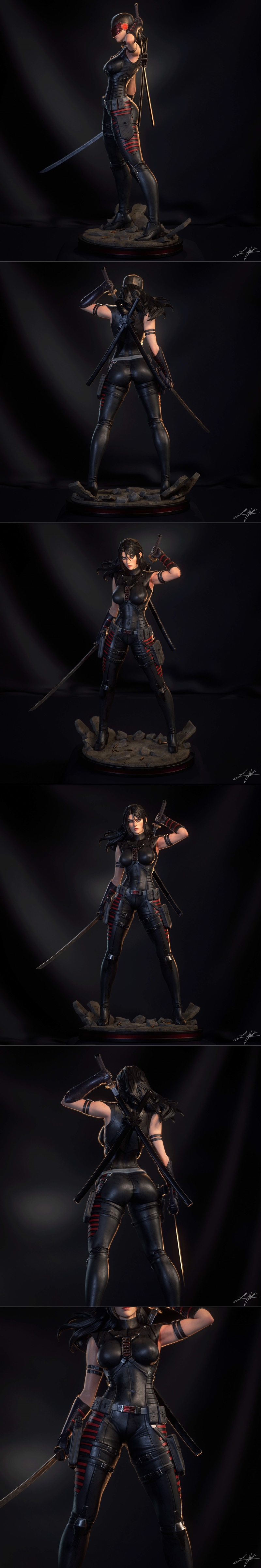 3D printable figure of Snake Eyes II from G.I. Joe, wearing a black tactical suit with red accents, holding a katana,...