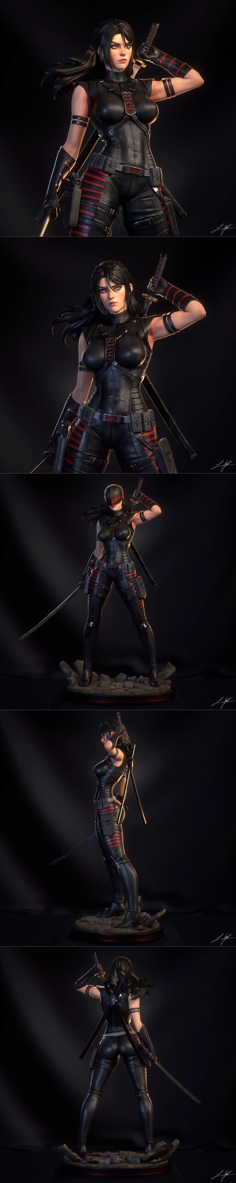 3D printable figure of Snake Eyes II from G.I. Joe, wearing a black tactical suit with red accents, holding a katana,...