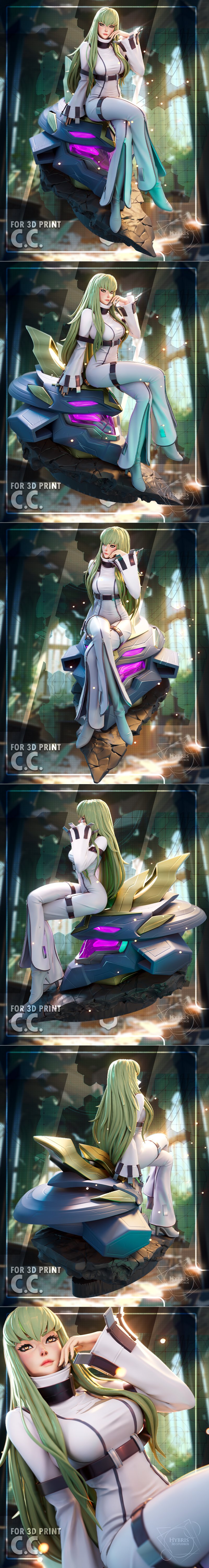 CC from Code Geass, a female anime character with long green hair, wearing a white and green outfit, sitting on a pie...