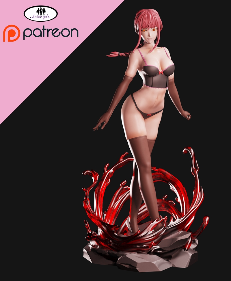 Makima from Chainsaw Man anime figure, standing on a base of red energy swirls, wearing a white shirt, tie, dark trou...