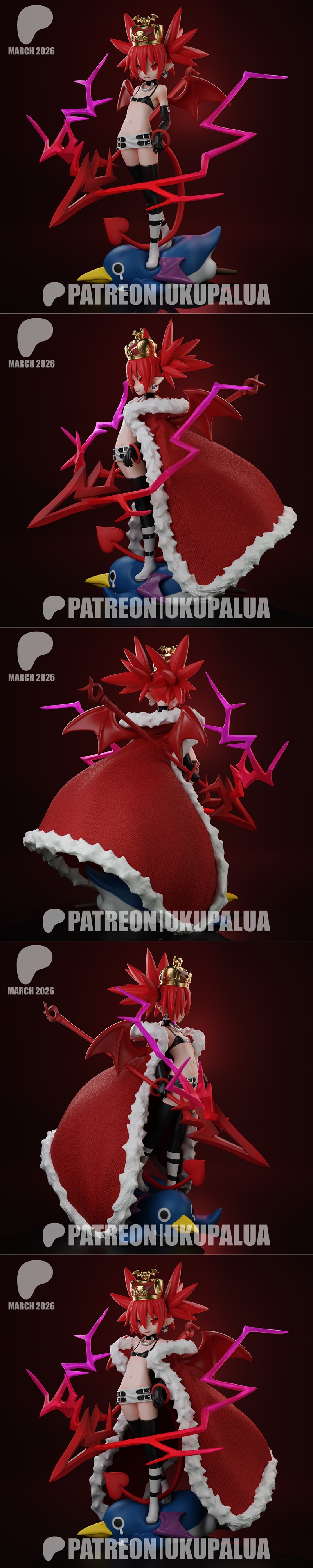 Etna from Disgaea in a detailed 3D print model, wearing a crown and a revealing outfit, posed dynamically.