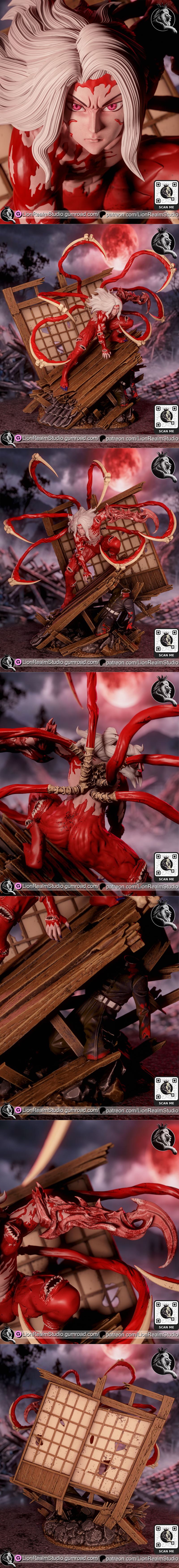 Muzan Kibutsuji figure from Demon Slayer, posed dynamically on broken wooden structures, with sharp red tentacles ext...