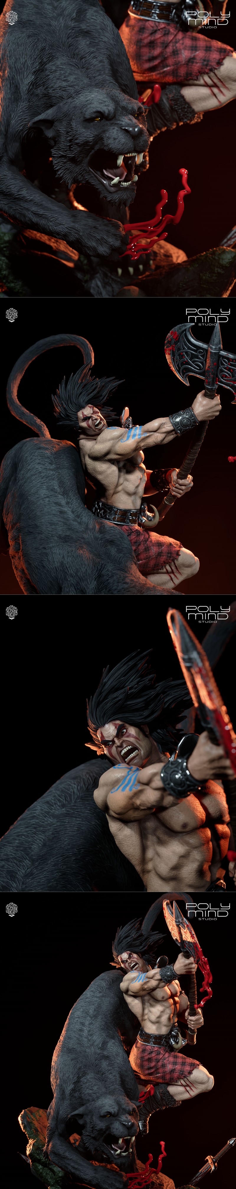 Barbarian warrior Slaine riding a black panther, wielding a bloody axe, on a rocky base with skulls and weapons. Poly...