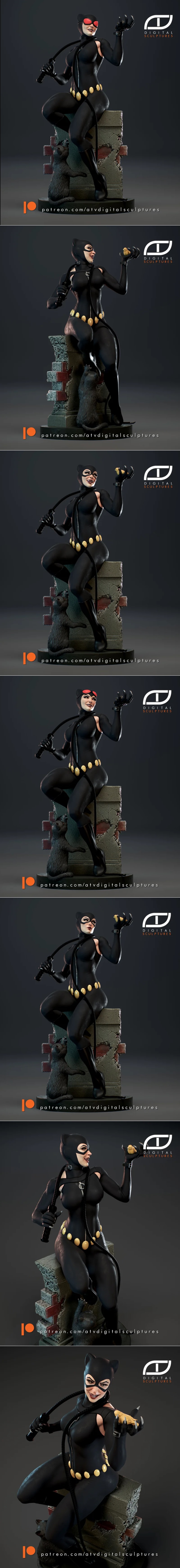 Catwoman in a black catsuit with a mask and whip, holding a small bird. The figure is posed playfully, with a zipper...