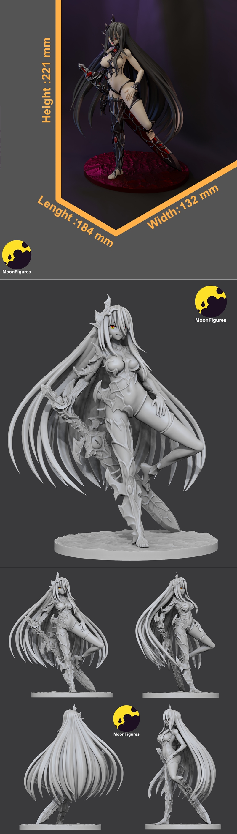 Female demon character in dark armor with a spear, standing heroically on a blood-stained platform.