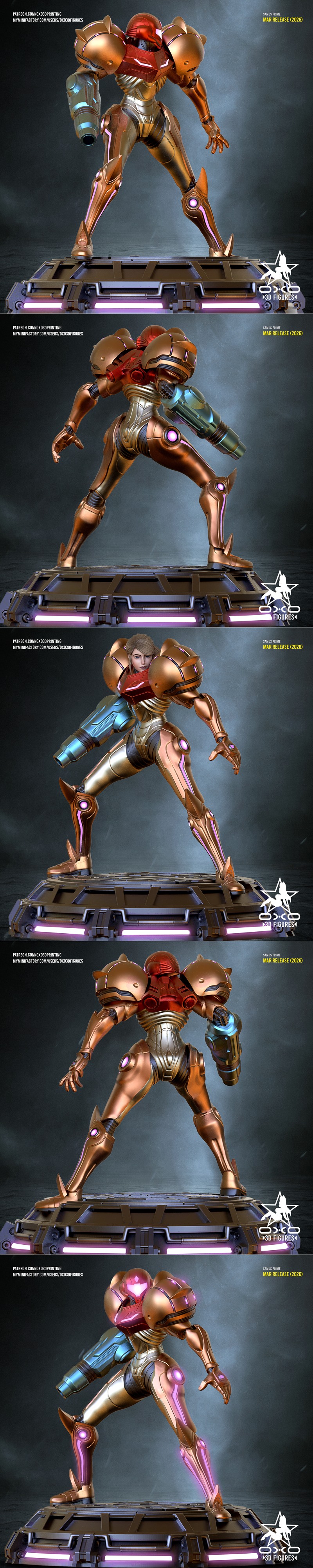 Samus Aran in Metroid Prime power suit, gold and red armor with glowing purple accents, dynamic action pose.