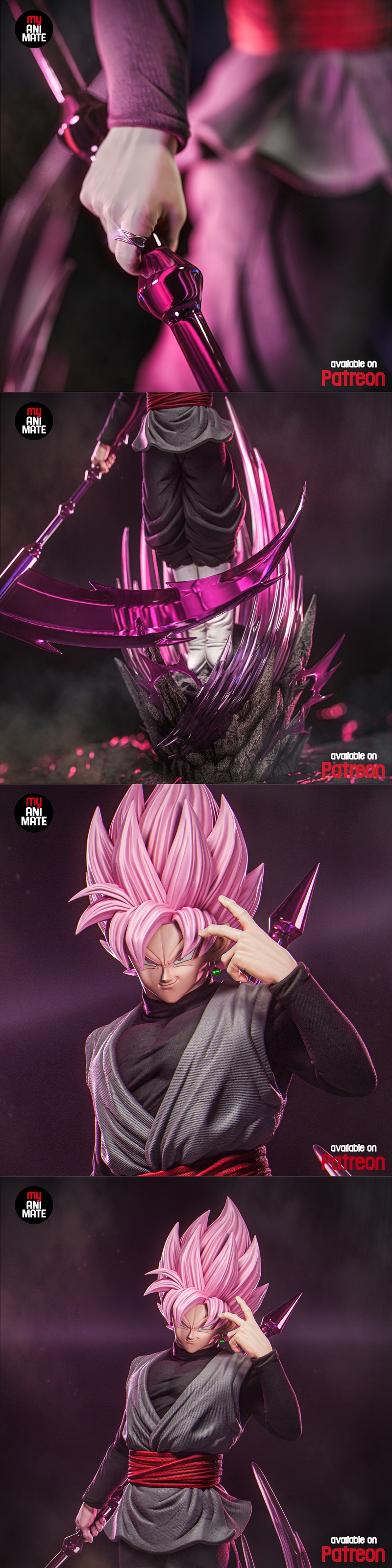 Goku Black Rose figure with pink hair, holding a pink scythe, standing on a jagged crystalline base with pink energy...