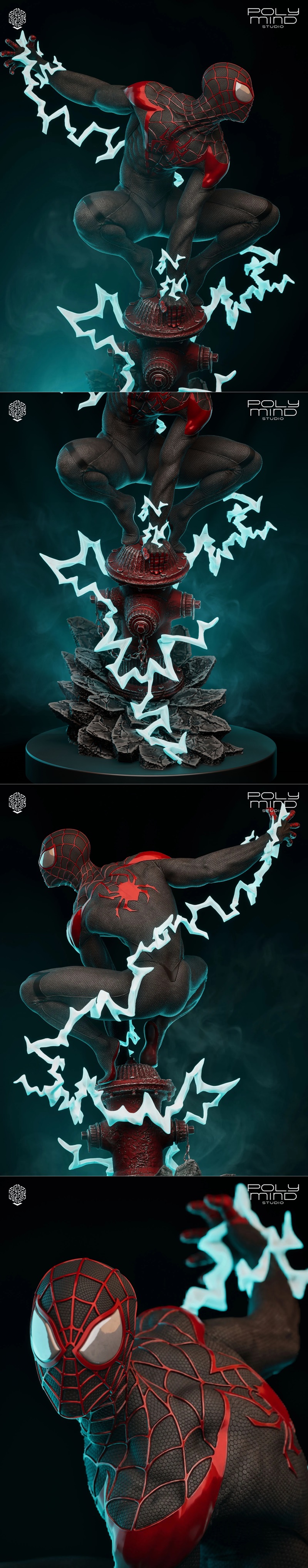 Miles Morales in a heroic pose with electricity effects, based on Spider-Man, 3D print model by PolyMind Studio.