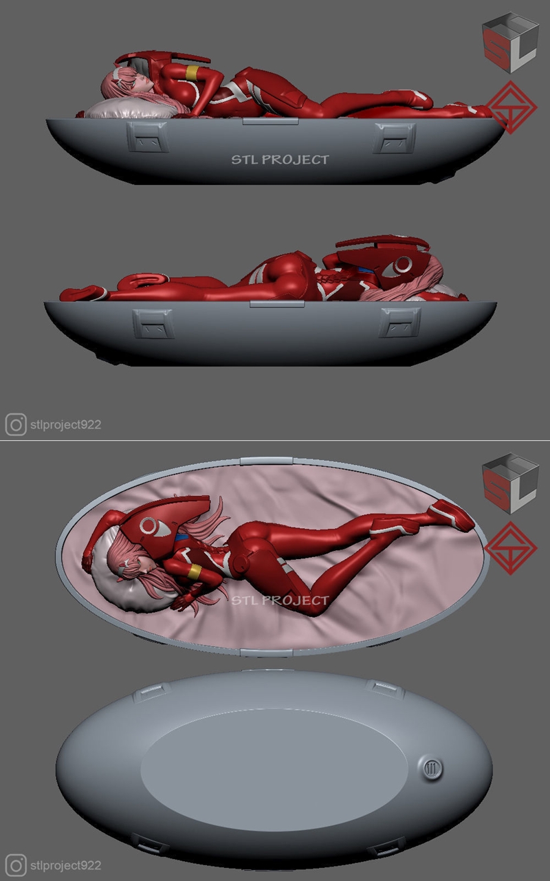 Zero Two from Darling in the Franxx reclining, wearing a red suit with horns and pink hair. STL Project 3D model.