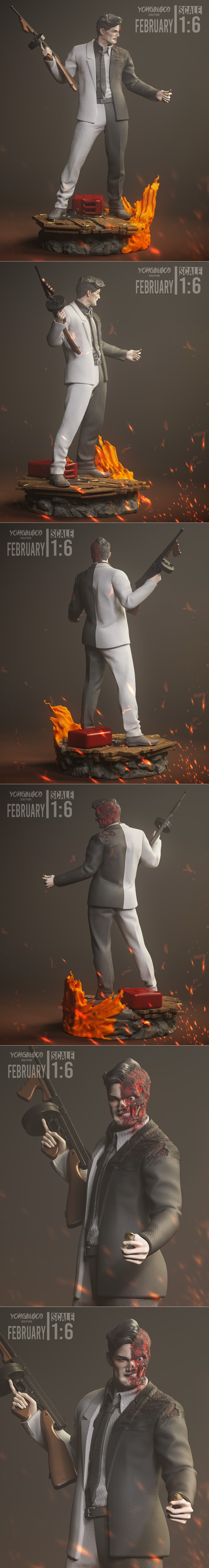 1:6 scale 3D model of DC Comics villain Two-Face, holding a submachine gun, with one side of his face and suit disfig...