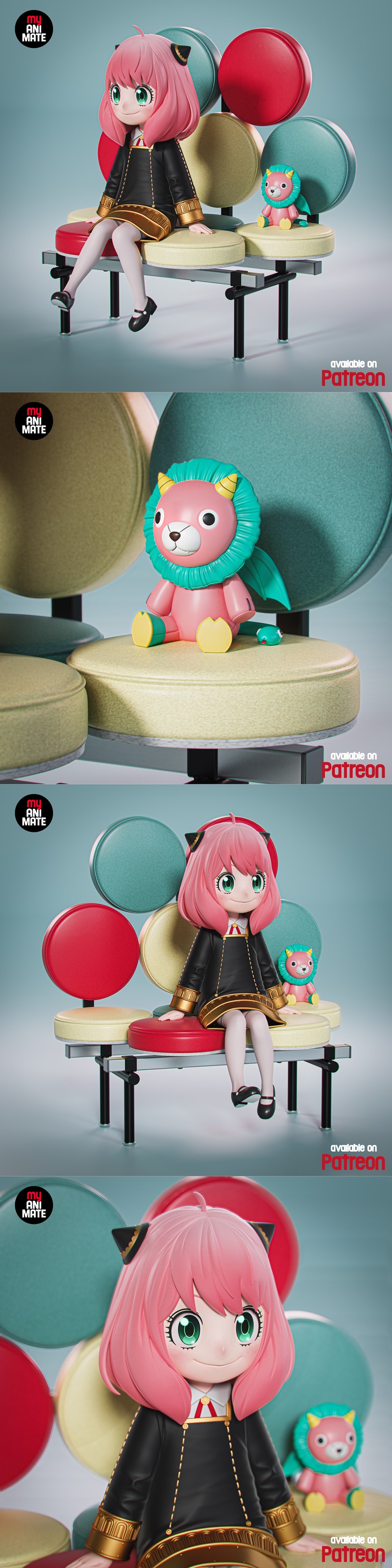 3D model figure of Anya Forger from Spy x Family sitting on a bench with colorful backrests, holding a plush toy.