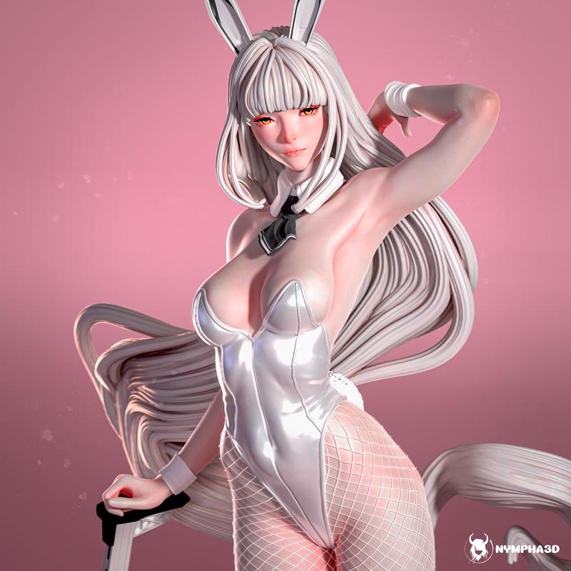 3D model of Blanc from Goddess of Victory: NikKE, wearing a white bunny suit and fishnet stockings, with long white h...