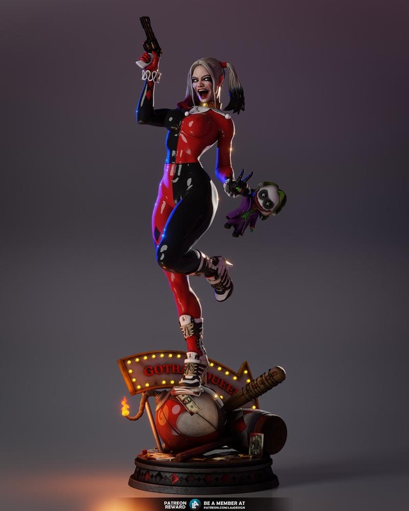 Harley Quinn figure in red and black suit, holding a gun and a Joker doll, standing on a base with a "GOTHAM&quo...