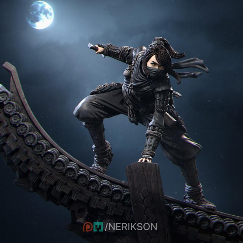 Ninja character Shizuka in a crouched pose on a rooftop, holding a sword, under a full moon. Detailed black ninja out...
